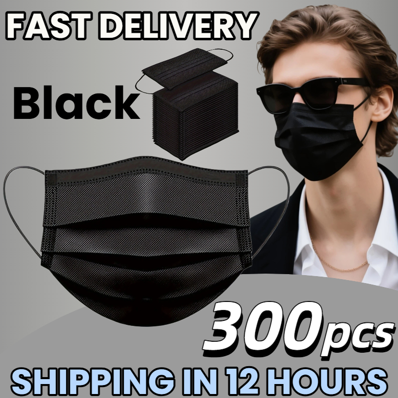 Surgical Mask - 迅速な配達！ 300枚入り 厚手の黒い使い捨て保護マスク - 3層構造で通気性があり快適、調節可能な耳掛けと安全な鼻パッド付き -
