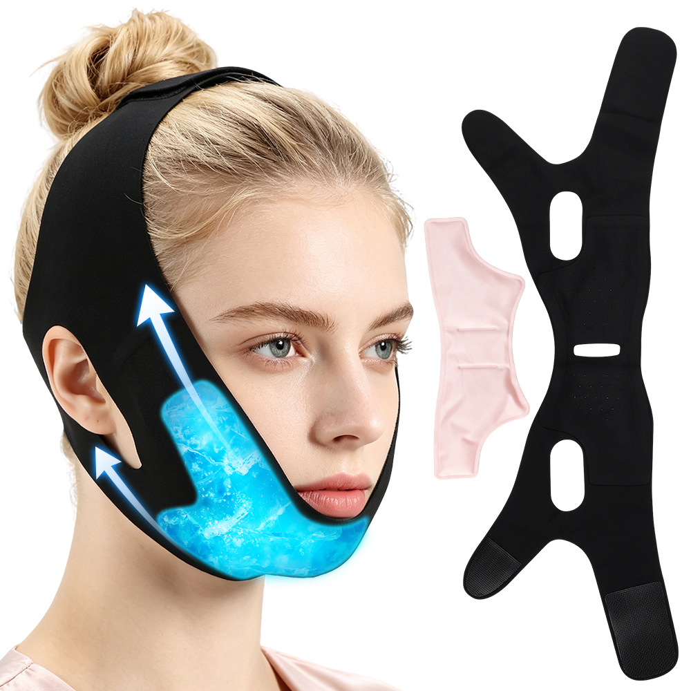 Surgical Mask - フェイスアイスパック 再利用可能なホットコールドジェルパック付き V字型輪郭顎ストラップ むくみ緩和 知恵歯手術用リフトバンド ブラック